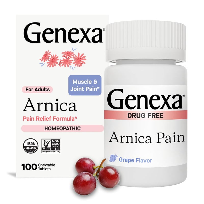 Genexa Arnica for Pain Relief Alleviate Muscle Joint Pain Soreness Stiffness Reduces Bruises Swelling Organic Grape Flavor Homeopathic Remedy Made Clean 100 Chewable Tablets